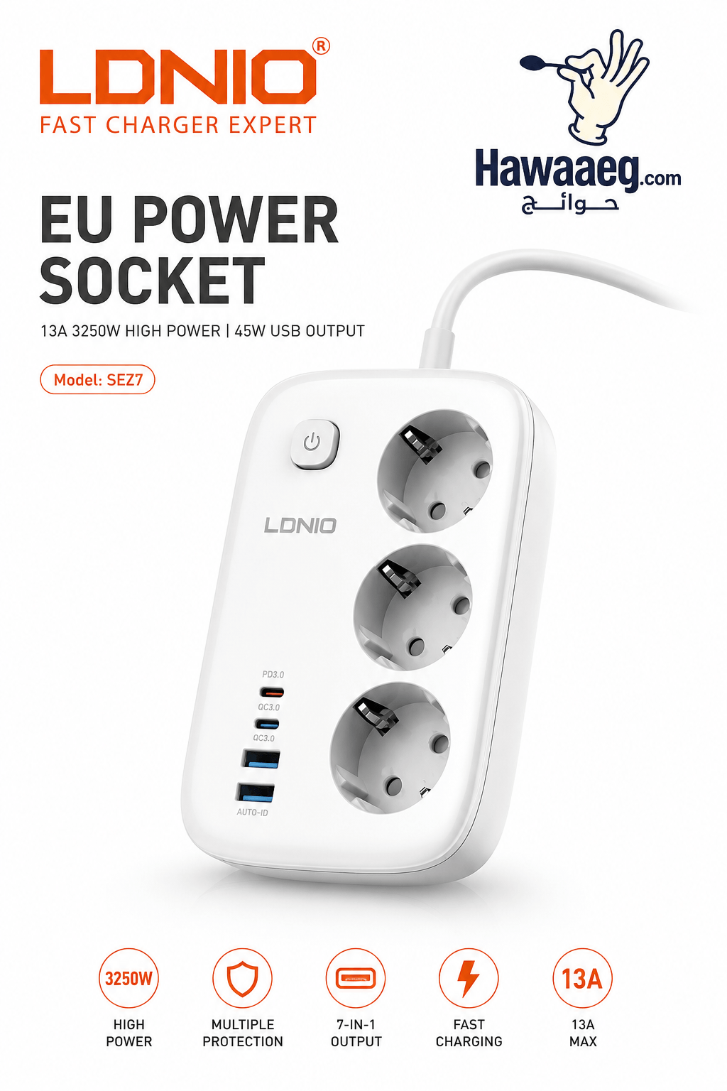 LDNIO SE2 تصميم جديد شريط طاقة لسطح المكتب 3 منافذ مع 2 USB 2 C 13A معايير الاتحاد الأوروبي PD 45W - الصورة 2