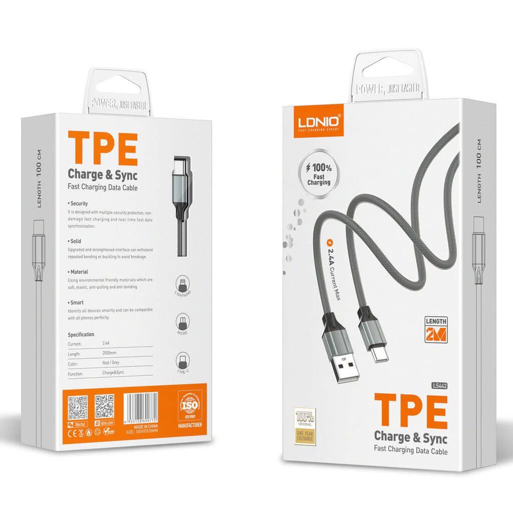 كابل بيانات للشحن السريع من LDNIO LS442 لايتنينج الى USB نوع ايه بطول 2 متر وتيار 2.4 كحد اقصى - رمادي - الصورة 2