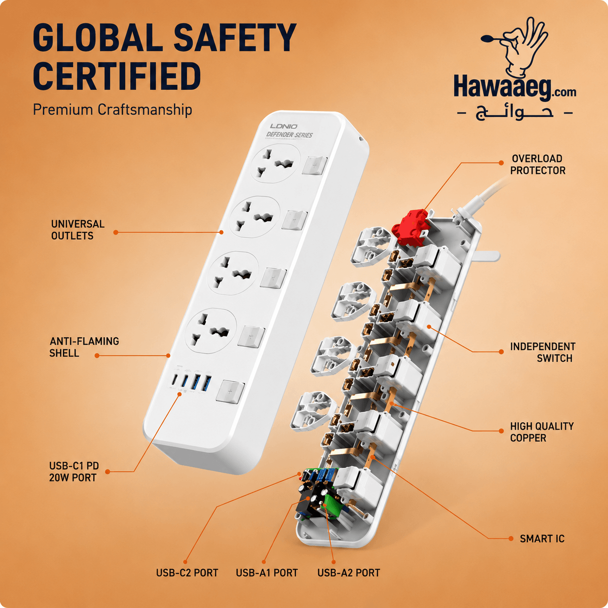 LDNIO مشترك كهرباء SC4408C مع 4 مخارج كهرباء و2 USB و2 Type-C للشحن بطول 2 متر - الصورة 5