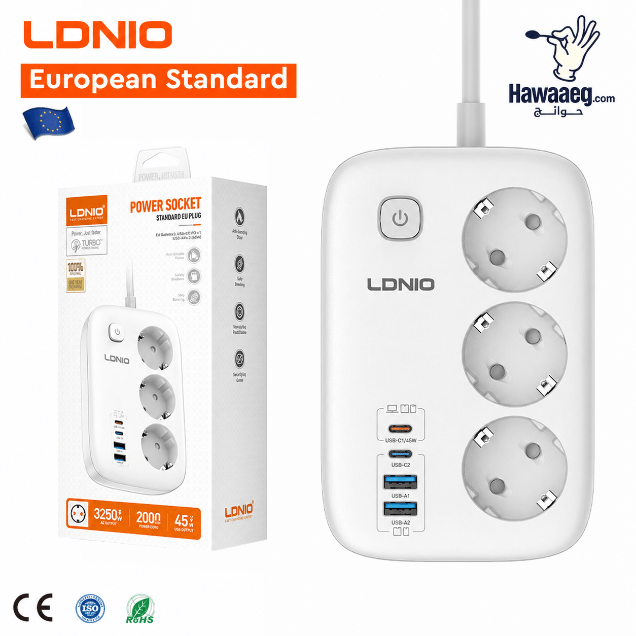 LDNIO SE2 تصميم جديد شريط طاقة لسطح المكتب 3 منافذ مع 2 USB 2 C 13A معايير الاتحاد الأوروبي PD 45W