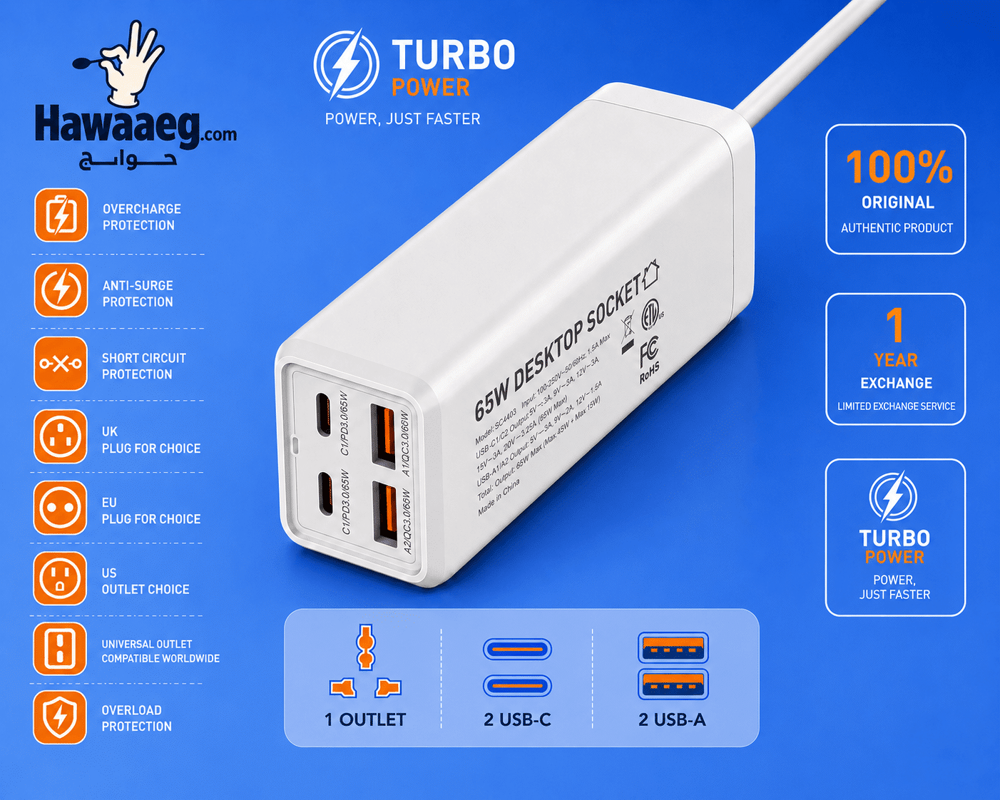شاحن من لدنيو بتقنية USB، LDNIO SC1418 متوافق مع الهواتف الخلوية، بأربعة منافذ، قدرة 65 واط - الصورة 2