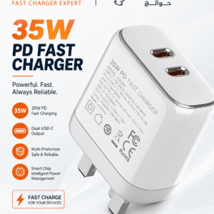 LDNIO شاحن حائط A2528M سريع 35 وات مع منفذي Type-C وكابل Type-C to Lightning بخامات عالية الجودة