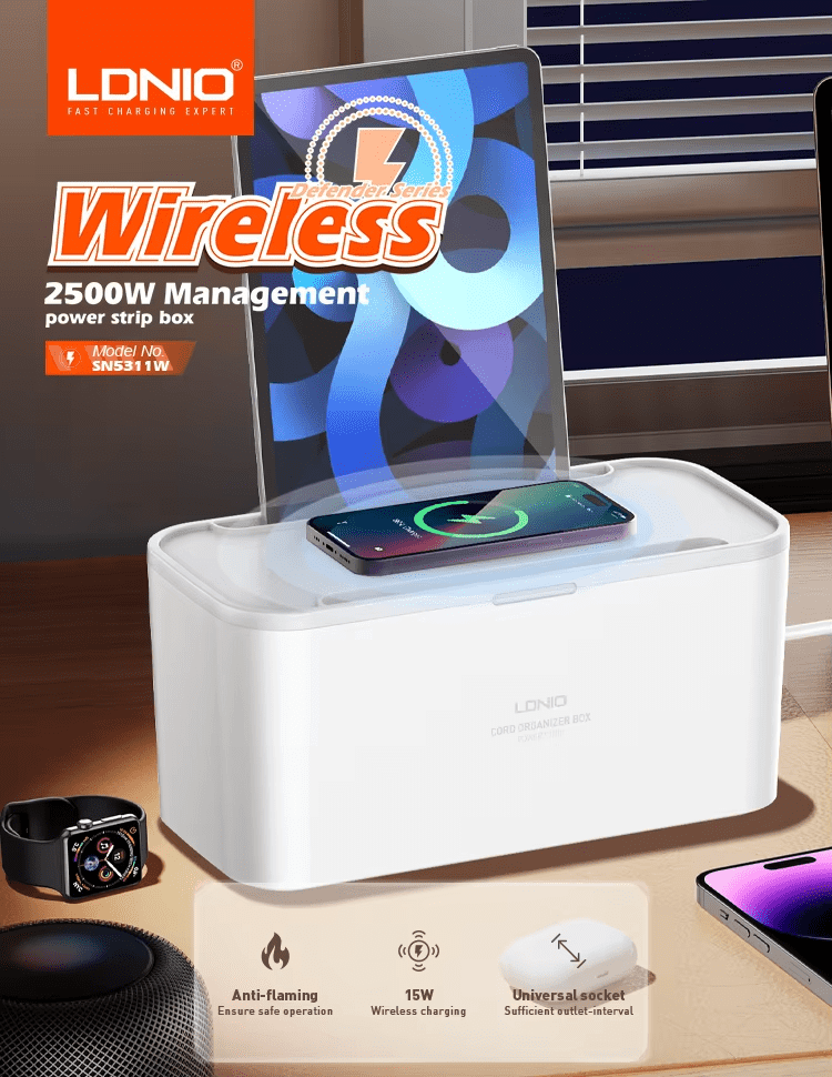 LDNIO صندوق ادارة كيبل شحن لاسلكي SN5310W 2500 واط واقي من اندفاع التيار 5 منافذ عالمية 3 منافذ USB PD 20 واط QC3.0 شاحن سريع 2 متر سلك شديد التحمل منظم سطح المكتب ابيض - الصورة 3