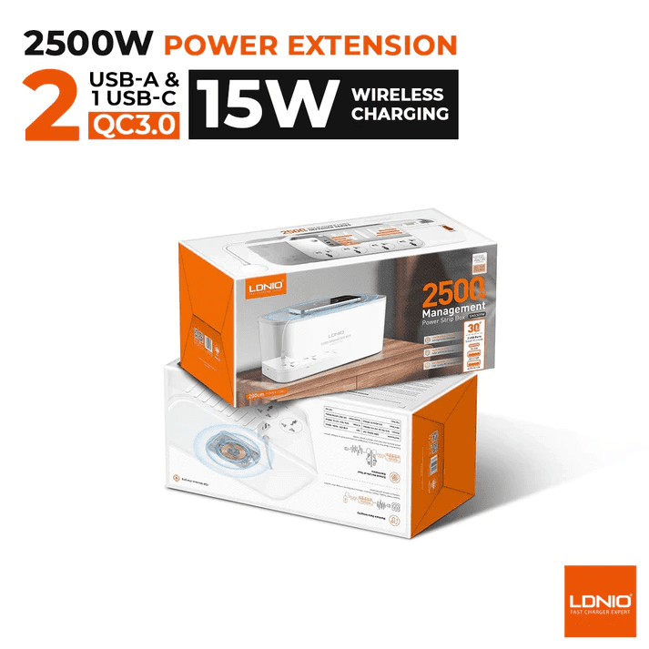 LDNIO صندوق ادارة كيبل شحن لاسلكي SN5310W 2500 واط واقي من اندفاع التيار 5 منافذ عالمية 3 منافذ USB PD 20 واط QC3.0 شاحن سريع 2 متر سلك شديد التحمل منظم سطح المكتب ابيض - الصورة 4