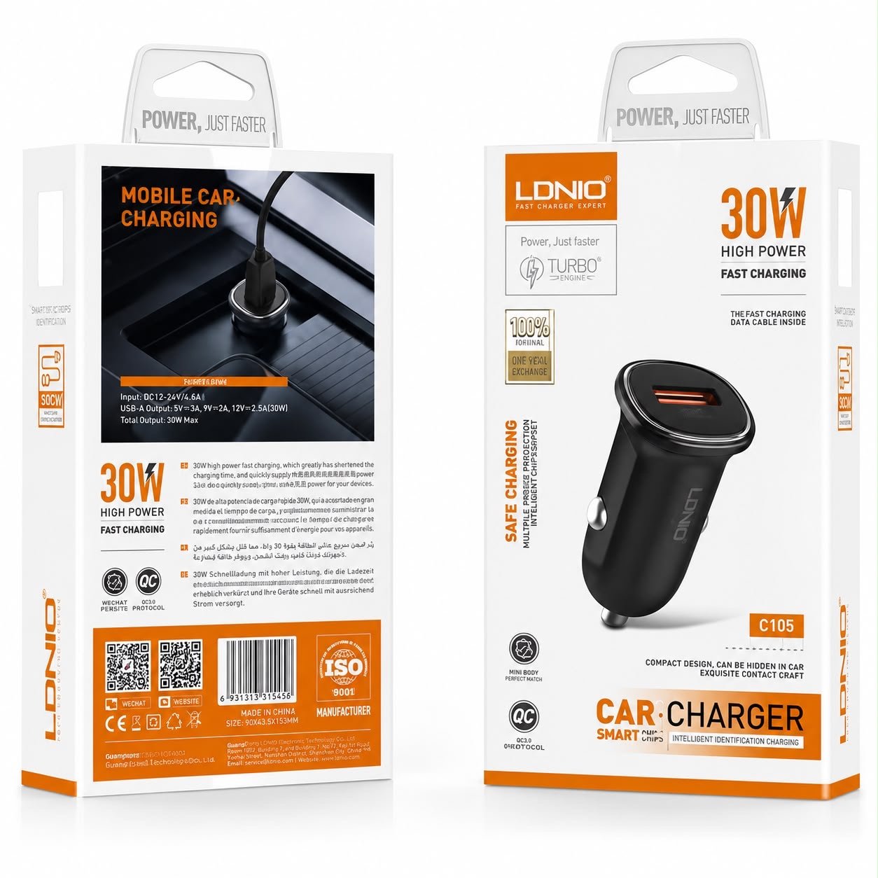 شاحن سيارة سريع 30 وات مع كابل Type-C بخامات عالية الجودة LDNIO C105